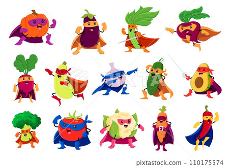 Cartoon vegetable superhero characters. Vector pumpkin, eggplant, spinach and beetroot. Radish, squash, garlic or cucumber, avocado, broccoli and tomato with cauliflower, carrot and red chili pepper 110175574