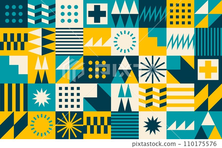 Turquoise, yellow and dark modern abstract geometric Bauhaus pattern, vector background. Retro shapes and simple mosaic art or vintage geometric abstract colors Bauhaus pattern with stars and symbols Turquoise, yellow and dark modern abstract geometric Bauhaus pattern, vector background. Retro shapes and simple mosaic art or vintage geometric abstract colors Bauhaus pattern with stars and symbols 110175576