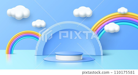 3D kid toy podium with rainbow and clouds on baby children stage, vector background. Kid or baby products display showcase pedestal or showroom studio and exhibition showcase scene mockup with rainbow 110175581