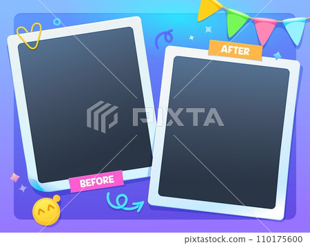 Before and after template with photo frames on paper clip, vector background. Comparison, VS change compare and transformation challenge template of before and after for social nets media 110175600