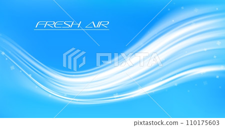 Fresh air flow or cold wind wave with snowflakes or snow motion effect, vector light blue background. Fresh cool air flow or wind stream for AC conditioner, purifier or fresh climate technology 110175603