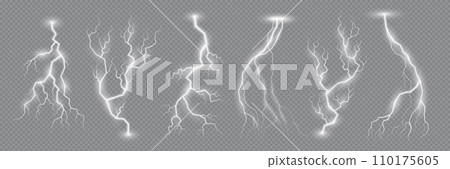 Lightning effect of flash strike or thunder bolt and thunderstorm electric spark, realistic vector. Electric charge of thunder lightning and thunderbolt, energy flash sparks on transparent background Lightning effect of flash strike or thunder bolt and thunderstorm electric spark, realistic vector. Electric charge of thunder lightning and thunderbolt, energy flash sparks on transparent background 110175605