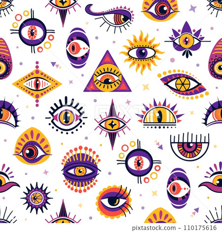 Magical witchcraft eyes seamless pattern background, vector esoteric and occult magic symbols. Witchcraft magic pattern of cartoon of Horus eye and Egypt pyramid, mystery amulets and clairvoyant eyes Magical witchcraft eyes seamless pattern background, vector esoteric and occult magic symbols. Witchcraft magic pattern of cartoon of Horus eye and Egypt pyramid, mystery amulets and clairvoyant eyes 110175616