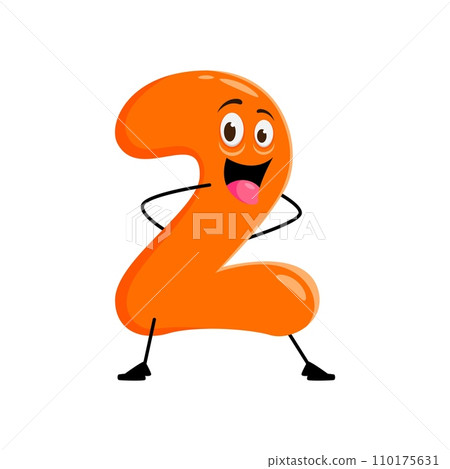 Cartoon math number character of 2 two numeral with funny face, vector kids mathematics icon. Two 2 number happy smiling character for arithmetic equation study or birthday numeric emoji 110175631