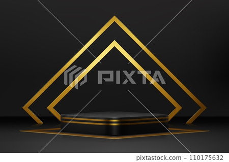 Black or grey podium stage with golden arch, realistic 3d vector mockup. Square platform or pedestal for product presentation in studio. Background with rectangular stand for displaying cosmetics 110175632