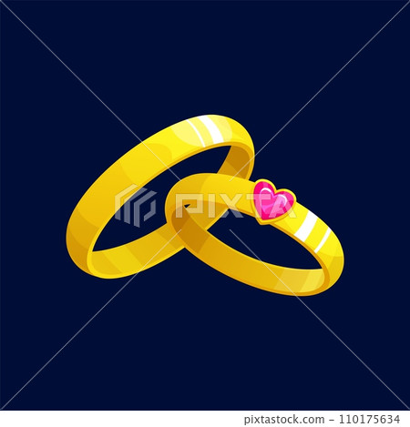 Cartoon wedding rings of gold with jewelry gemstone for marriage and love, vector symbol. Golden rings with red heart jewel of ruby, bride and bridegroom two wedding rings for engagement Cartoon wedding rings of gold with jewelry gemstone for marriage and love, vector symbol. Golden rings with red heart jewel of ruby, bride and bridegroom two wedding rings for engagement 110175634
