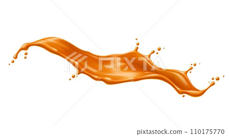 Caramel sauce flow wave splash. Vector 3d splash of milk cream toffee candy with drops and ripples. Realistic liquid brown syrup of melted sugar, butter and cream, dessert food or confectionery 110175770