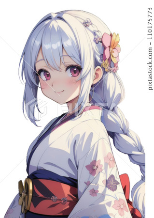 Illustration of a girl wearing a kimono with a flower pattern 110175773