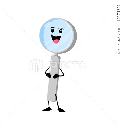 Cartoon cheerful funny magnifying glass school stationery character. Isolated vector loupe with big eyes and a smile, standing tall with its handle, ready to explore and uncover hidden mysteries Cartoon cheerful funny magnifying glass school stationery character. Isolated vector loupe with big eyes and a smile, standing tall with its handle, ready to explore and uncover hidden mysteries 110175802