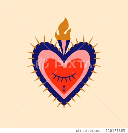 Mexican sacred heart with thorns vintage tattoo. Mexico decoration, Christian religion love tattoo or patch. God heart spiritual vector symbol or apparel print with flame, spikes and crying eye Mexican sacred heart with thorns vintage tattoo. Mexico decoration, Christian religion love tattoo or patch. God heart spiritual vector symbol or apparel print with flame, spikes and crying eye 110175865
