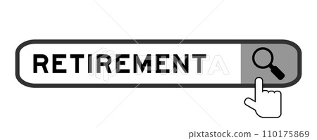 Search banner in word retirement with hand over magnifier icon on white background Search banner in word retirement with hand over magnifier icon on white background 110175869