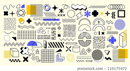 Abstract geometric memphis shapes. Vector set of vibrant and dynamic figures and patterns, featuring bold colors and intersecting lines that evoke a sense of modern and retro design fusion elements 110175972