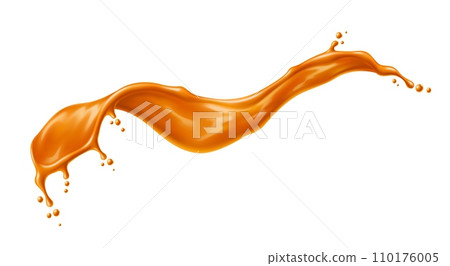 Caramel syrup splash, sauce wave swirl. Isolated golden flow with drops. Juice or toffee squirt. Realistic 3d vector drink slop, liquid sugar candy wavy splosh with creamy texture and spray droplets 110176005