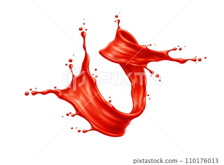 Tomato red juice or ketchup sauce tornado swirl splash. Vector 3d tomato vegetable food condiment, juice drink or ketchup sauce realistic spiral flow with red juicy drops, splatters and smooth texture 110176013
