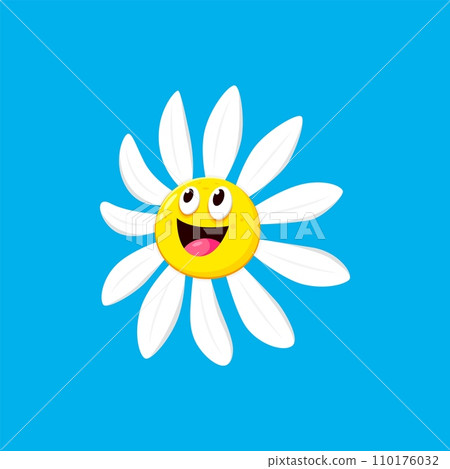 Cartoon chamomile, daisy flower character with happy face emotion. Isolated vector camomile with white petals, wide funny smile. Cute laughing blossom personage, positive smiling bloom emoticon Cartoon chamomile, daisy flower character with happy face emotion. Isolated vector camomile with white petals, wide funny smile. Cute laughing blossom personage, positive smiling bloom emoticon 110176032
