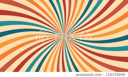 Vintage circus or carnival sunburst rays background. Vector backdrop with colorful muted curve radiating stripes creating hypnotic effect. Retro sunbeam burst, evoking sense of whimsy and nostalgia Vintage circus or carnival sunburst rays background. Vector backdrop with colorful muted curve radiating stripes creating hypnotic effect. Retro sunbeam burst, evoking sense of whimsy and nostalgia 110176049