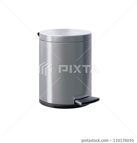 Realistic steel trash can with pedal, metal bin or container. Isolated 3d vector stainless waste disposal dustbin, sleek, hygienic, convenient solution for clean and modern home or office environment Realistic steel trash can with pedal, metal bin or container. Isolated 3d vector stainless waste disposal dustbin, sleek, hygienic, convenient solution for clean and modern home or office environment 110176050