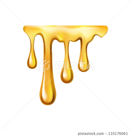 Dripping honey with drops, isolated sweet sweet sticky liquid. Vector melting or flowing caramel or maple syrup, juice or oil substance or essence Dripping honey with drops, isolated sweet sweet sticky liquid. Vector melting or flowing caramel or maple syrup, juice or oil substance or essence 110176061