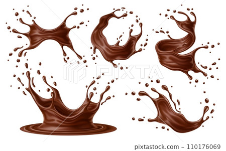 Realistic chocolate milk splash waves with drops, choco drink crowns and swirls, vector splatters. Cocoa drink or choco syrup flow and spill drops with milky chocolate wave and splashing droplets 110176069