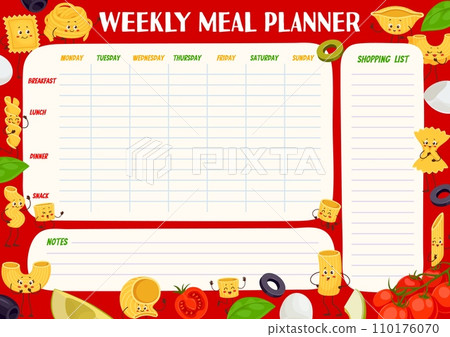 Weekly meal planner schedule. Cartoon funny italian pasta characters food plan vector template with cute farfalle, penne, rigatoni, conchiglie and ravioli. Kawaii macaroni personages, cheese and basil 110176070