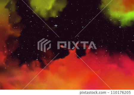 Fantastic cartoon nebulas clouds in space. Illustration of red and green gas nebulas against a background of black stellar space Fantastic cartoon nebulas clouds in space. Illustration of red and green gas nebulas against a background of black stellar space 110176205