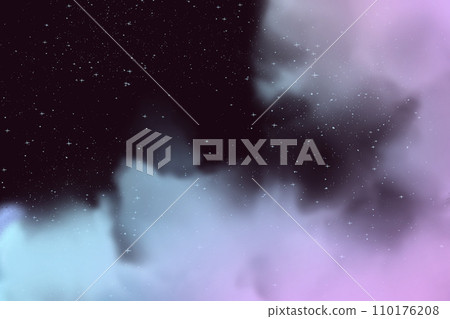 Cartoon glowing nebula in space. Blue and purple luminous fluffy clouds of gas nebulas on a dark background of stellar space. Cosmic illustration. Cartoon glowing nebula in space. Blue and purple luminous fluffy clouds of gas nebulas on a dark background of stellar space. Cosmic illustration. 110176208