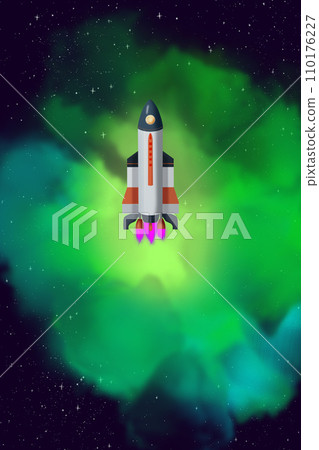 Rocket flying against fantastic green cloud of gas nebula in the starry cosmos. Rocket flying against fantastic green cloud of gas nebula in the starry cosmos. 110176227