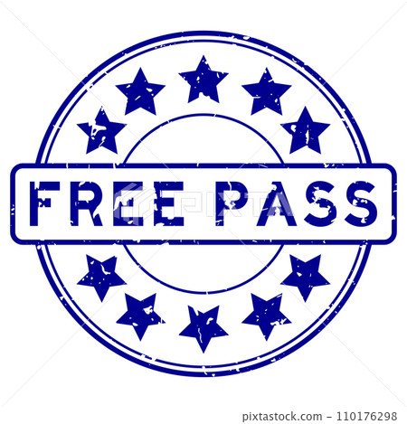 Grunge blue free pass word with star icon round rubber seal stamp on white background 110176298