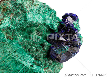 macro stone mineral azurite with malachite on a white background macro stone mineral azurite with malachite on a white background 110176603