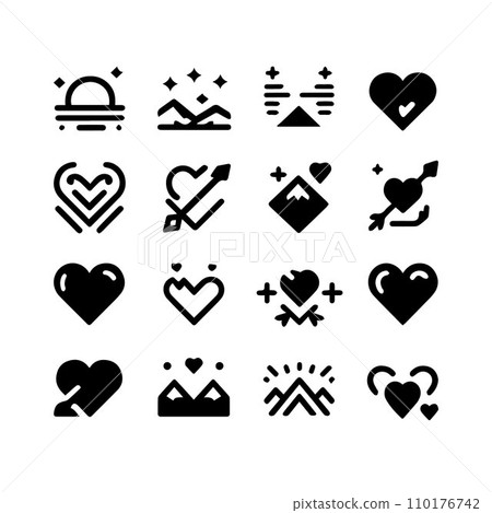 Black silhouette heart flat icon set isolated on white for Health care, wedding, Valentine day card. Black silhouette heart flat icon set isolated on white for Health care, wedding, Valentine day card. 110176742