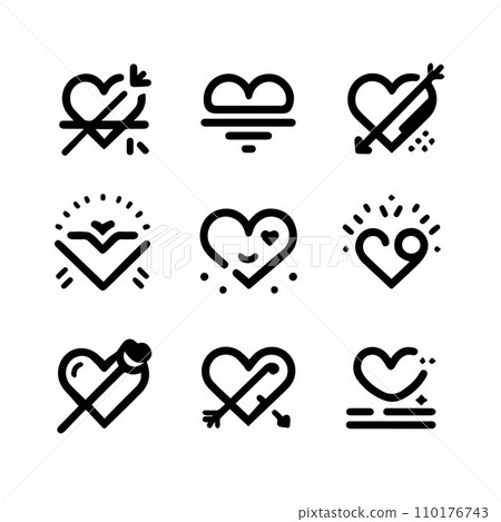 Black silhouette heart flat icon set isolated on white for Health care, wedding, Valentine day card. Black silhouette heart flat icon set isolated on white for Health care, wedding, Valentine day card. 110176743