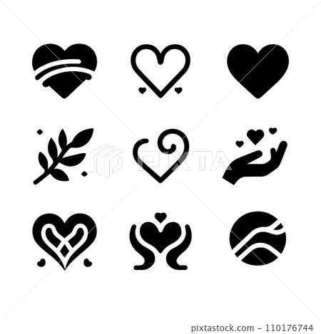 Black silhouette heart flat icon set isolated on white for Health care, wedding, Valentine day card. 110176744