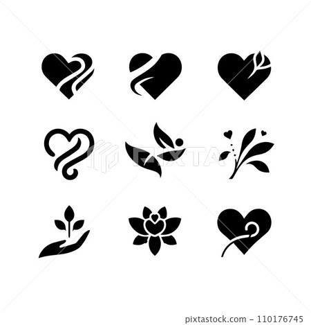 Black silhouette heart flat icon set isolated on white for Health care, wedding, Valentine day card. 110176745
