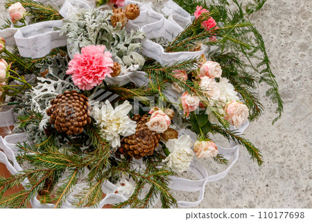Christmas composition of flowers and Christmas decorations Christmas composition of flowers and Christmas decorations 110177698