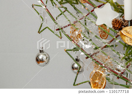 Christmas composition of flowers and Christmas decorations 110177718