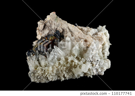 macro stone mineral Calcite Galena pyrite on a black background 110177741
