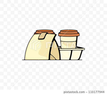 Coffee in paper cups and food, colored graphic design. Drink, hot drink, takeaway, meal and drinking, vector design and illustration Coffee in paper cups and food, colored graphic design. Drink, hot drink, takeaway, meal and drinking, vector design and illustration 110177944