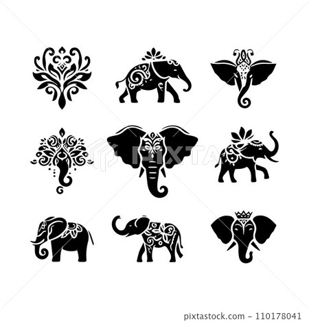 Elephant collection, Set of editable vector silhouettes icon in various poses 110178041