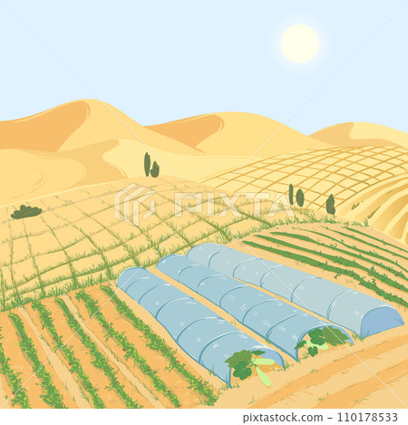 Landscape with vegetable beds in the desert. Restoring land fertility and combating desertification. Landscape with vegetable beds in the desert. Restoring land fertility and combating desertification. 110178533