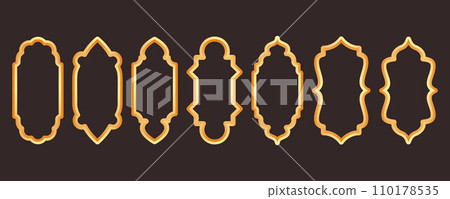 Ramadan golden frame. Islamic window shape. Arabic vector arch. Muslim vintage border for design. Indian decoration in oriental style. 110178535
