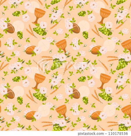 Seamless pattern with symbols of the Christian religion. holy communion elements - chalice, grapes, bread, ears of corn. Vector. Design for fabric, wallpaper, textile. 110178536