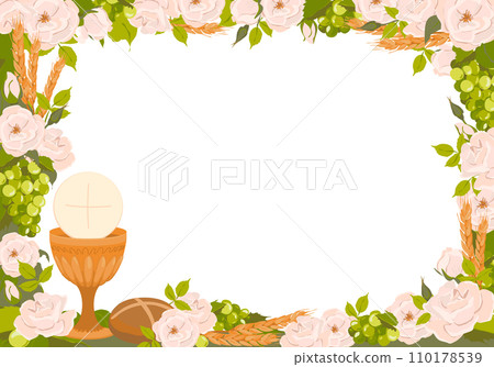 Symbols of the first communion in a rectangular frame. Vector. Golden bowl for wine, bread, wine, grapes, white roses. Composition for beautiful invitation design. 110178539
