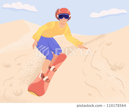 A young woman slides through the dunes on a board. Vector. Sandboarding, an active sport in the desert. 110178564