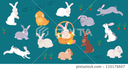 set of Easter bunnies in cartoon style 110178607
