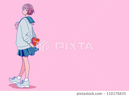 Retro pop female student holding chocolate in her back hand 110178835