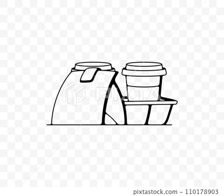Coffee in paper cups and food, linear graphic design. Drink, hot drink, takeaway, meal and drinking, vector design and illustration Coffee in paper cups and food, linear graphic design. Drink, hot drink, takeaway, meal and drinking, vector design and illustration 110178903
