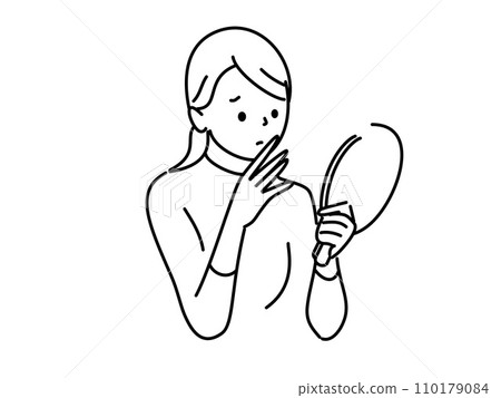 A woman looking at a hand mirror and worrying about her skin condition A woman looking at a hand mirror and worrying about her skin condition 110179084