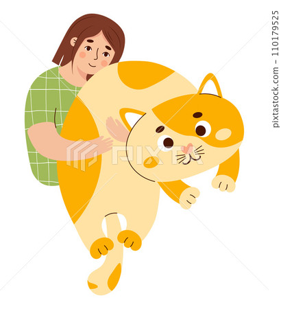 Girl hugs big toy cat. Soft plush anti-stress huggable toy. Person with comfortable cute soft animal to sleep and play. Vector illustration in flat style. 110179525