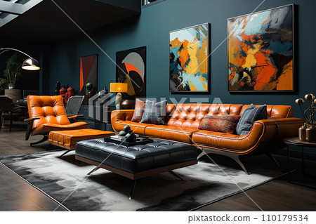 Living room vintage charm, antique furniture and decor elements, bright colors and bold geometric patterns 110179534