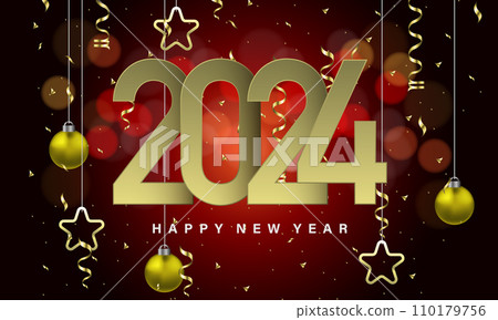 Happy New Year 2024 gold number ball stars ribbon bokeh blur on red black night luxury design for holiday festival celebration countdown background vector Happy New Year 2024 gold number ball stars ribbon bokeh blur on red black night luxury design for holiday festival celebration countdown background vector 110179756